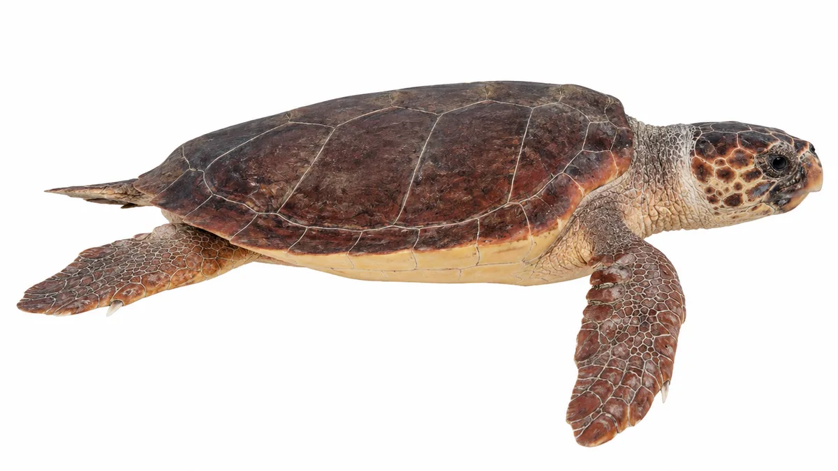 Tartaruga caretta (Caretta caretta): esemplare su sfondo bianco