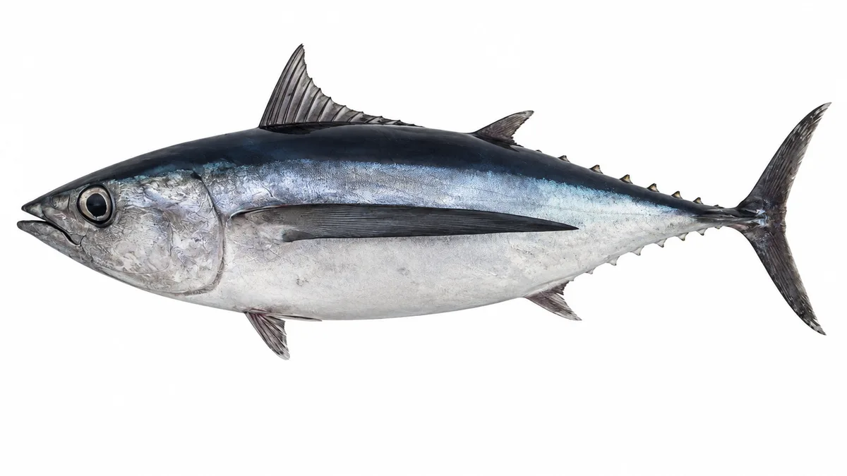 Tonno alalunga (Thunnus alalunga): esemplare su sfondo bianco