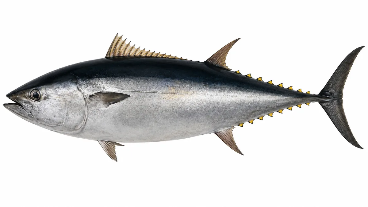 Tonno rosso (Thunnus thynnus): esemplare su sfondo bianco