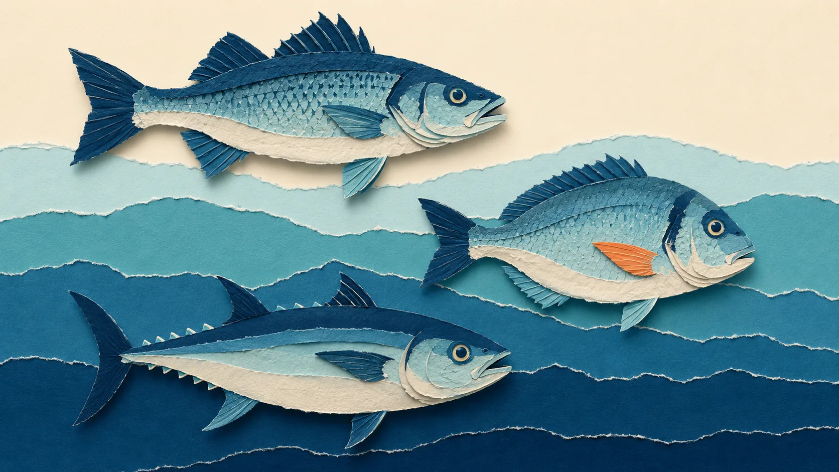 Illustrazione paper-cut: schede di pesci mediterranei a strati di carta su fasce di mare