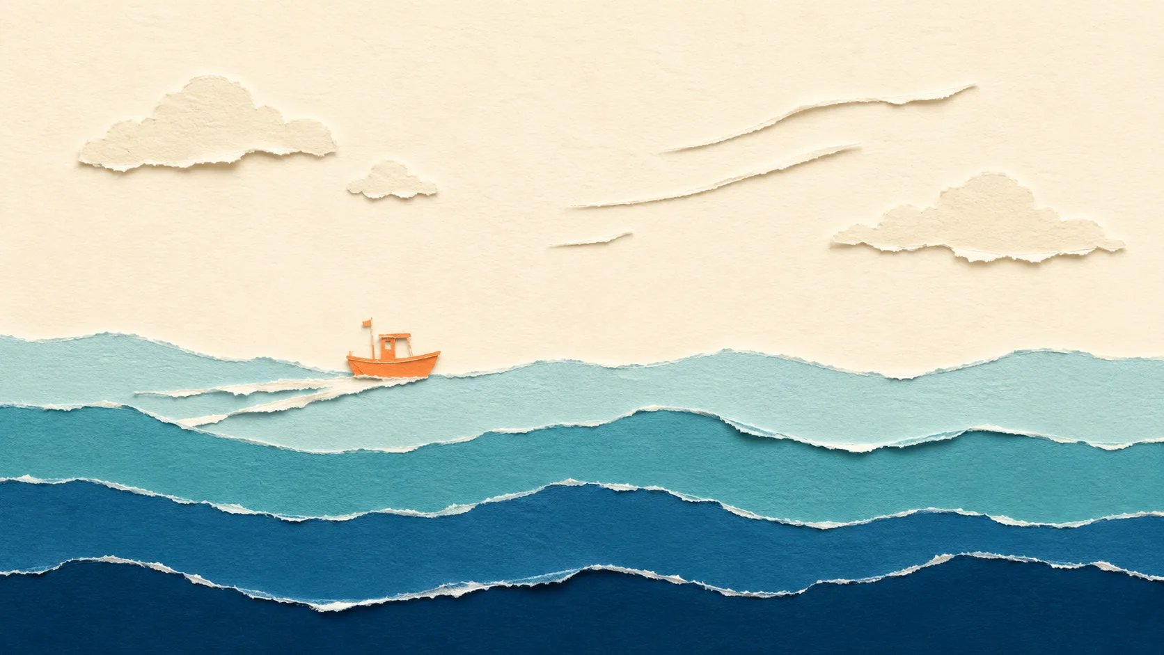 Illustrazione paper-cut: costa mediterranea con onde, vento e barca da pesca