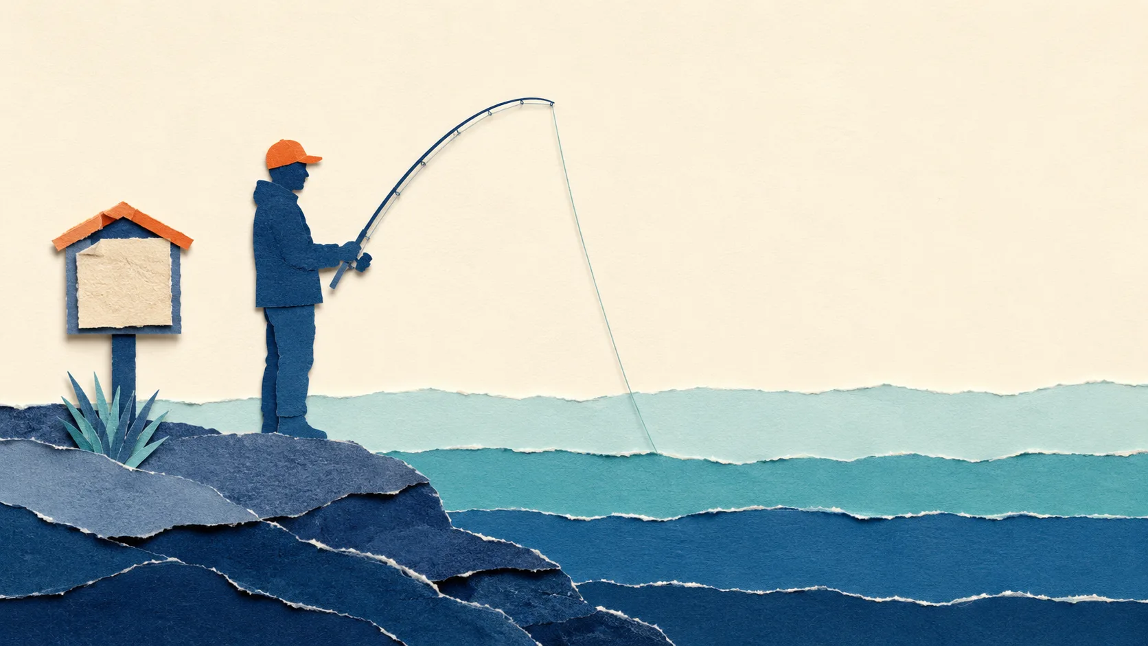 Illustrazione paper-cut: pescatore su scogliera con canna curva e un cartello di regole