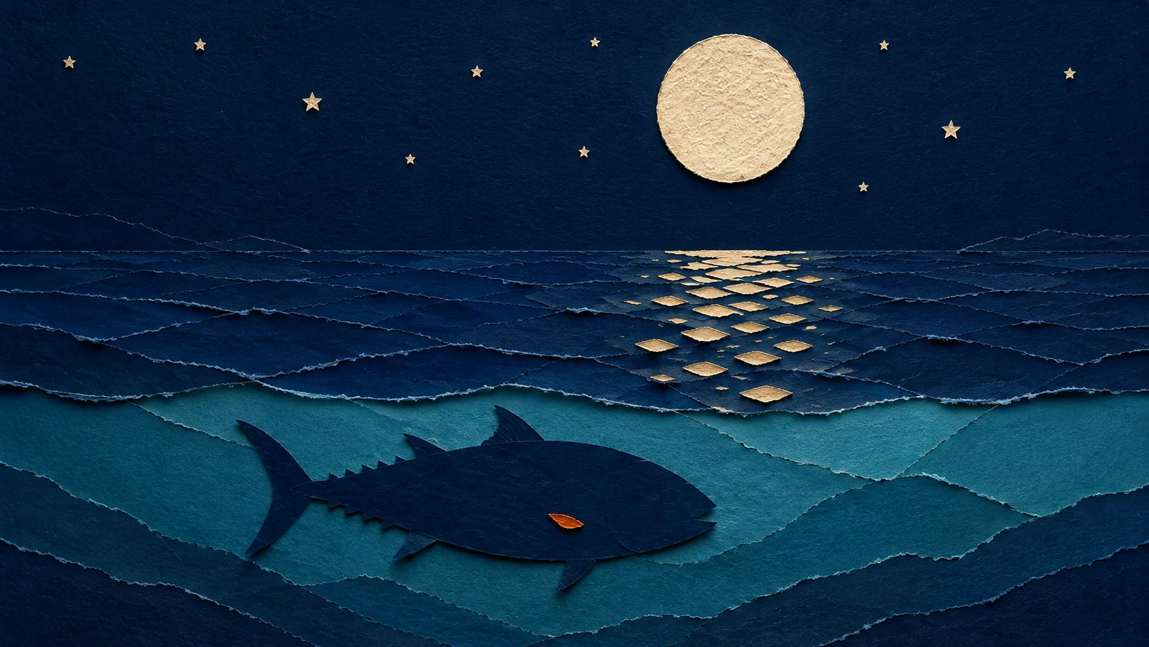 Illustrazione paper-cut: notte con luna piena, stelle e un pesce di taglia sotto la superficie