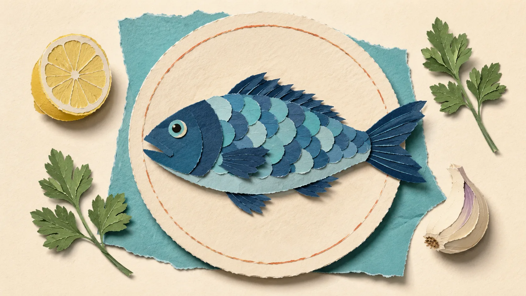 Illustrazione paper-cut: flat-lay di un piatto di pesce con limone e prezzemolo di carta