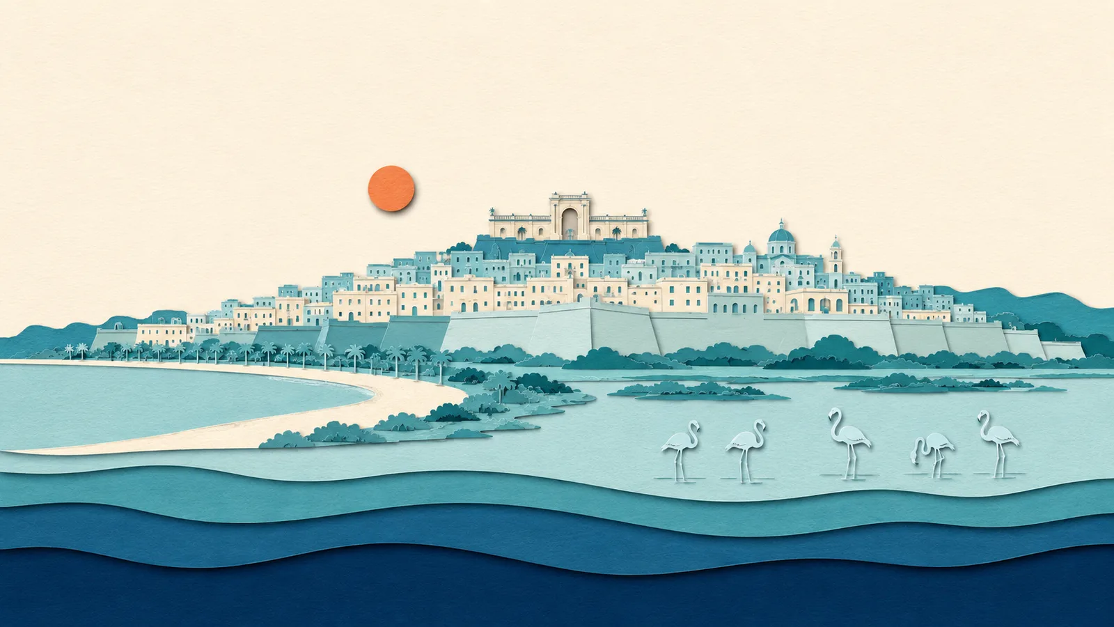 Cagliari: illustrazione in carta tagliata della costa e del Mar Mediterraneo