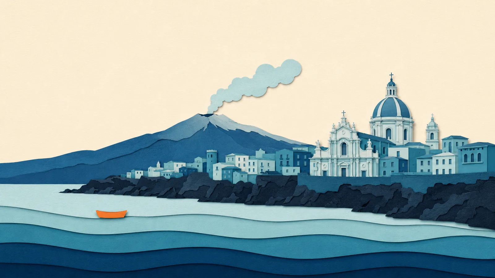 Catania: illustrazione in carta tagliata della costa e del Mar Ionio