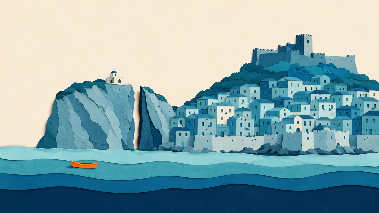 Gaeta: illustrazione in carta tagliata della costa e del Mar Tirreno