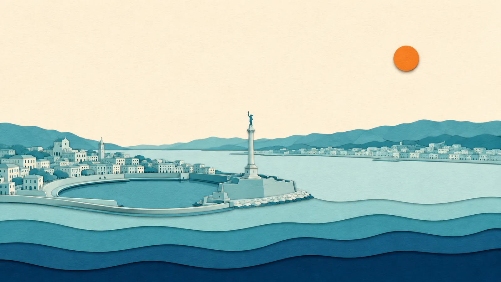 Messina: illustrazione in carta tagliata della costa e del Stretto di Messina
