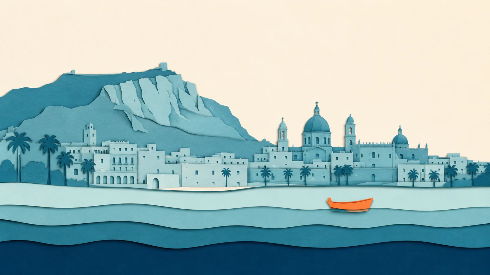 Palermo: illustrazione in carta tagliata della costa e del Mar Tirreno
