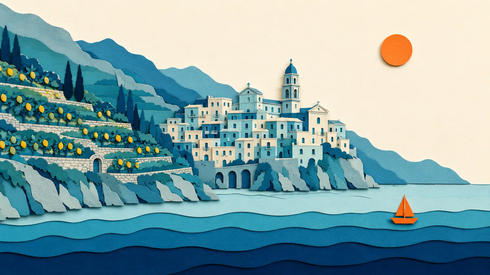 Salerno: illustrazione in carta tagliata della costa e del Mar Tirreno