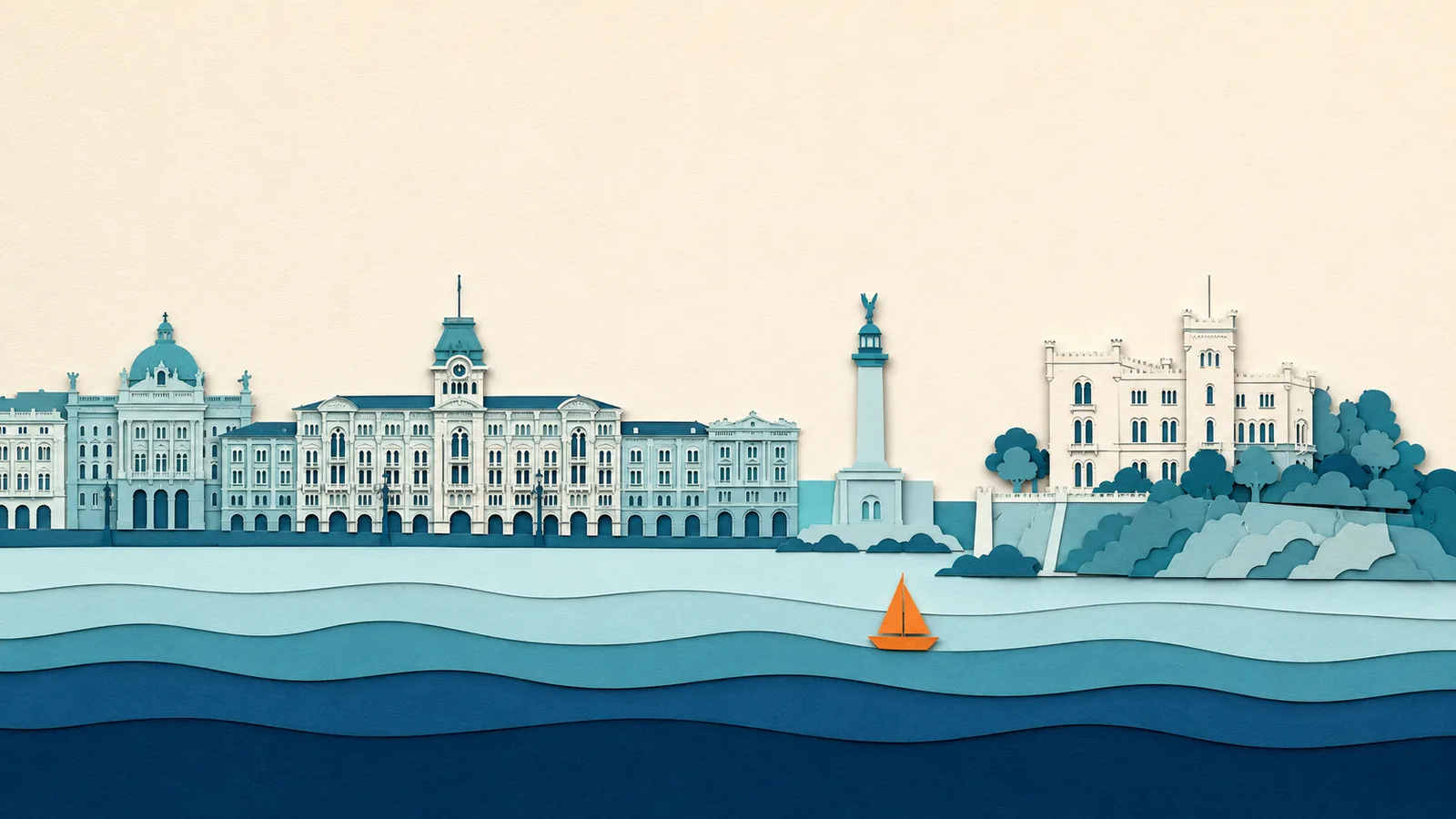 Trieste: illustrazione in carta tagliata della costa e del Mare Adriatico