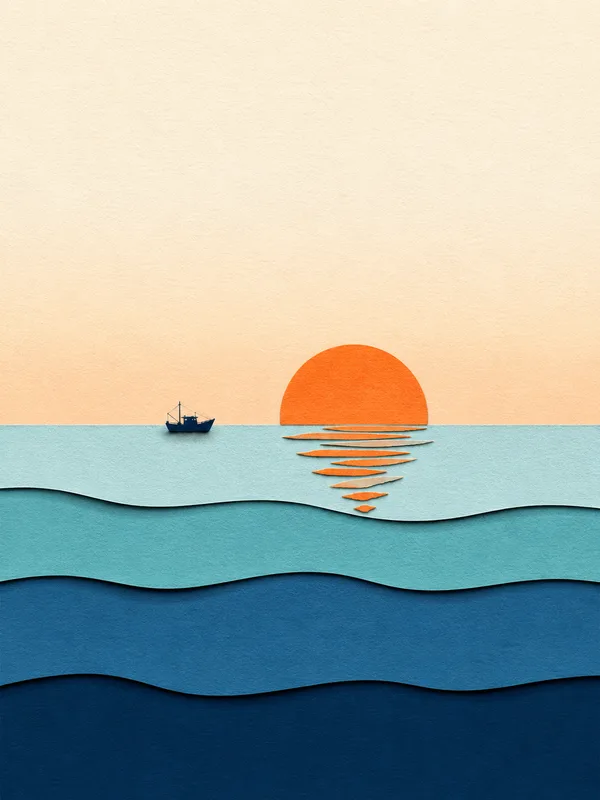 Illustrazione papercut: tramonto mediterraneo con sole arancio sul mare