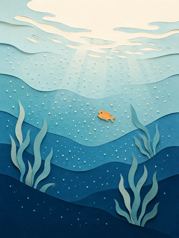 Illustrazione papercut: acqua ricca di plancton verde e alghe