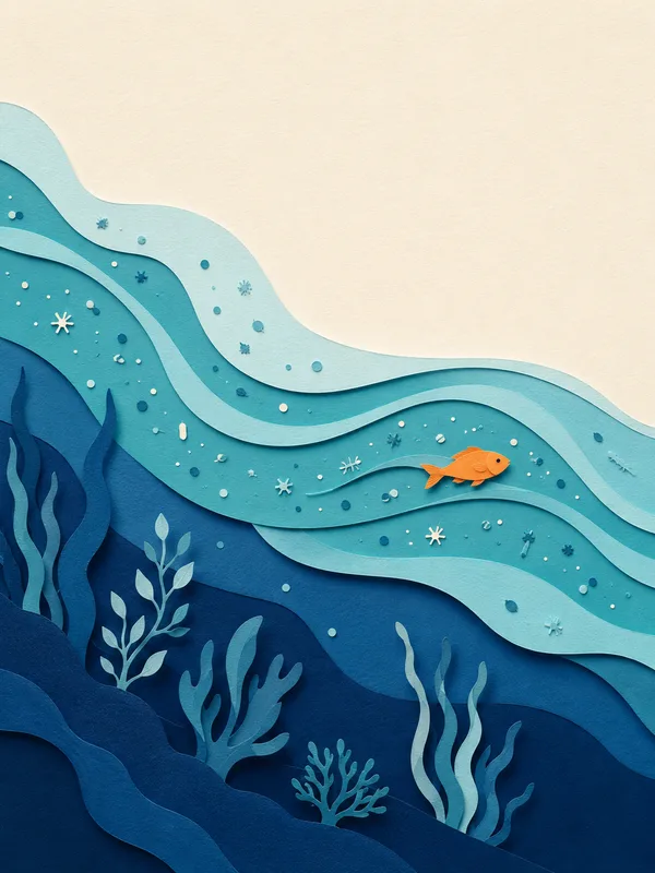 Illustrazione papercut: corrente marina che trasporta plancton e un pesce