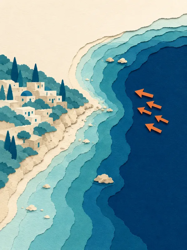 Illustrazione papercut: costa vista dall alto con vento verso riva