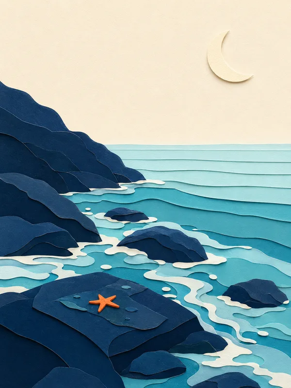 Illustrazione papercut: marea che sale sugli scogli con la luna