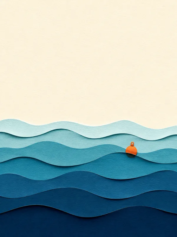 Illustrazione papercut: mare mediterraneo con onde e galleggiante arancio