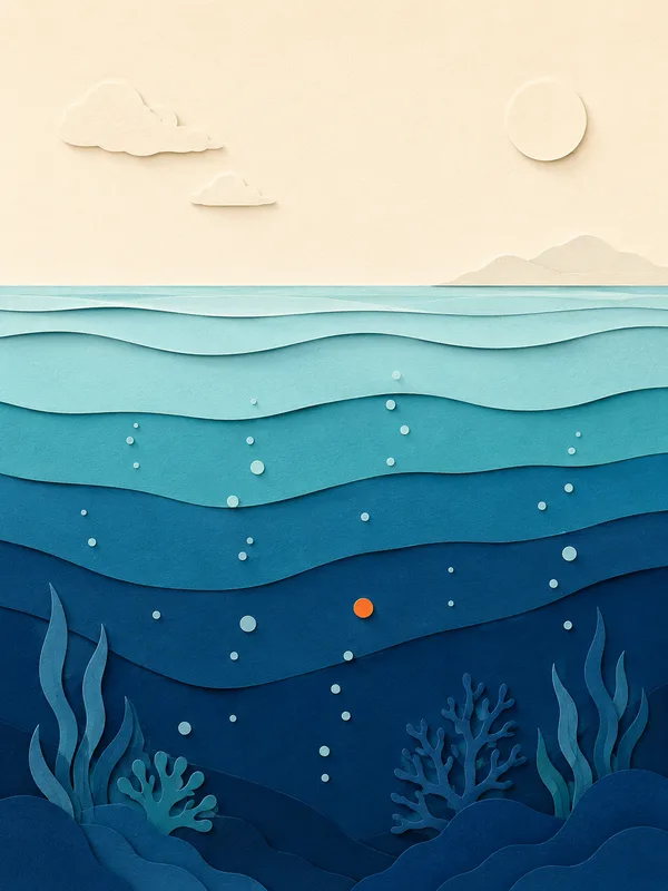 Illustrazione papercut: mare caldo e fermo con bolle di ossigeno che salgono