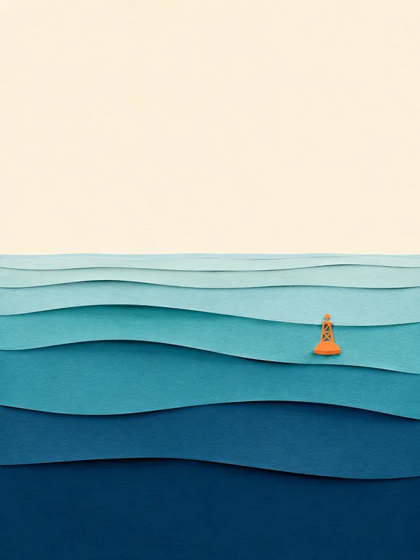 Illustrazione papercut: onda lunga scaduta che rotola dal largo
