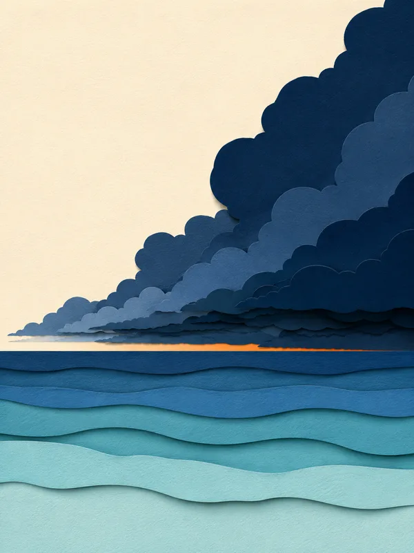 Illustrazione papercut: fronte di perturbazione in arrivo sul mare
