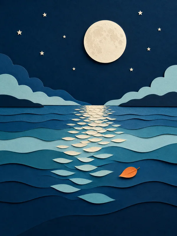 Illustrazione papercut: notte con luna piena e riflesso sul mare