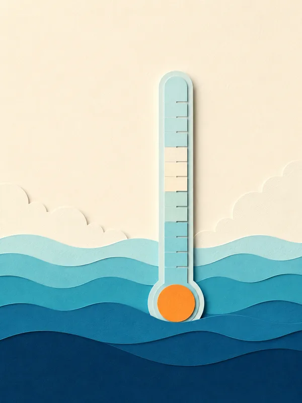 Illustrazione papercut: termometro nel mare con fascia di temperatura ideale