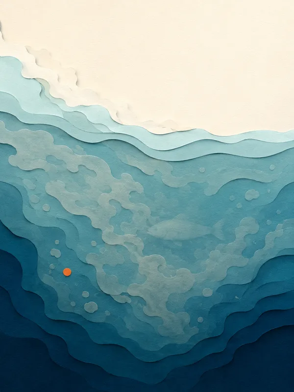 Illustrazione papercut: acqua torbida dopo la mareggiata, pesce appena visibile