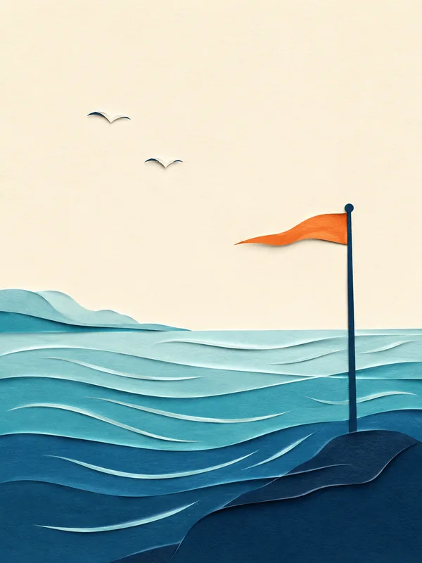 Illustrazione papercut: brezza sul mare con bandierina arancio e gabbiani