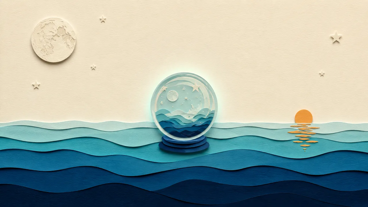 Illustrazione papercut: la sfera oracolare di Nostradamus sospesa sul mare Mediterraneo al tramonto