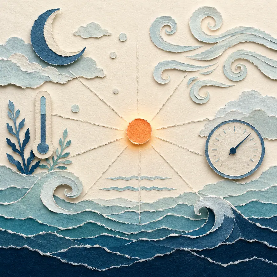 Illustrazione papercut: tanti fattori del mare (luna, onde, vento, temperatura, marea) che convergono in un'unica intuizione
